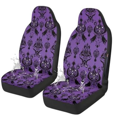 Imagem de Bulopur Conjunto de capas de assento de carro de Halloween roxo casa assombrada automotiva capas de assento dianteiro, pacote com 2 pacotes de airbag lateral, compatível com airbag dianteiro, capa
