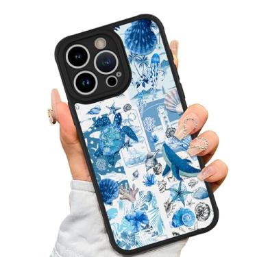 Imagem de AIGOMARA Capa para iPhone 15 Pro [compatível com MagSafe] design de padrão de colagem de concha de tartaruga azul para mulheres meninas homens TPU macio hack PC traseira protetora à prova de choque