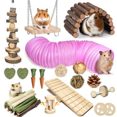 Imagem de Conjunto completo de brinquedos de hamster com 40 peças; acessórios de gaiola de brinquedos de mastigar naturais para animais de estimação pequenos; gangorra dobrável de madeira de maçã com ponte