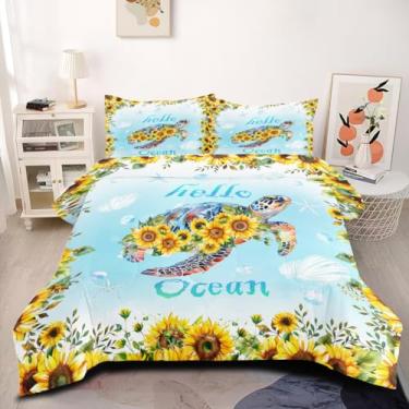 Imagem de CCoutueChen Jogo de edredom com estampa de tartaruga, girassóis, solteiro, para crianças, oceano tropical, litoral, para meninas e adolescentes, 1 peça, edredom de microfibra macia com 1 fronha/104 x