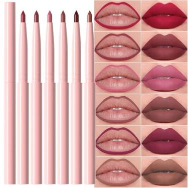 Imagem de Conjunto de 6 lápis de batom retrátil natural nude marrom bege cores delineador labial para modelar e esculpir lábios, rubi, malva, vermelho, rosa, ameixa, roxo, acastanhado, cremoso, fosco, veludo