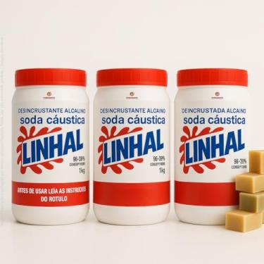 Imagem de Kit 3x Soda Cáustica Pura Linhal 99% 1kg Desentupidor Extra Forte, Limpeza Pesada e Economia para Produção de Sabão Artesanal