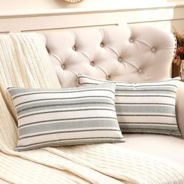 Imagem de Virexen Boho Capas decorativas para almofadas lombares 30,5 x 50,8 cm, conjunto de 2 capas de almofada listradas bege e verde, fronha de linho para cadeira, sofá, quarto, decoração de casa (sem