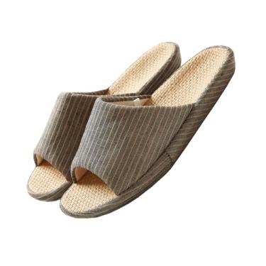 Imagem de MAGILONA Pantufas femininas de verão, bico aberto, tatami, palha, masculino, para uso interno, de linho, leves, silenciosas, Marrom escuro, 9-9.5