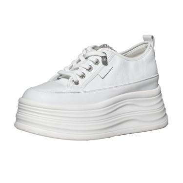 Imagem de JYSGYLT Tênis feminino plataforma branca de 10 cm – sola antiderrapante grossa sem cadarço, sapatos casuais femininos com plataforma de 7 cm e salto oculto de 2 cm (branco/preto), Branco, 34