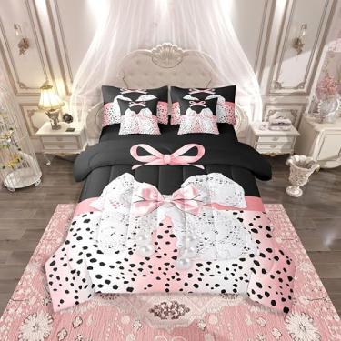 Imagem de Erosebridal Conjunto de cama solteiro com laço de renda para meninas e mulheres, conjunto de edredom com laço de fita com estampa de pérola, rosa preto e bolinhas, conjunto de cama com lençóis,