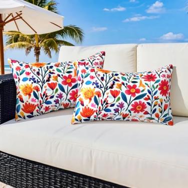 Imagem de QoBexim Conjunto de 2 capas de travesseiro para ambientes externos, 30,5 x 50,8 cm, estampa floral, boho, impermeável, quadrado, jardim, para primavera, verão, pátio, barraca, varanda, banco, sofá