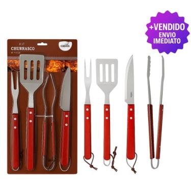 Imagem de Kit Para Churrasco 4 Peças Com Faca Espátula Garfo E Pegador Profissio