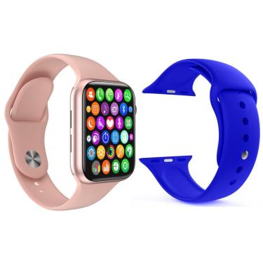 Imagem de Kit 1 Smartwatch Iwo 8 Rosa + 1 Pulseira Extra Azul Escuro