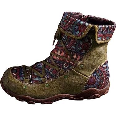 Imagem de Botas femininas ocidentais, botas femininas de salto baixo com cadarço e cano baixo, botas de cano baixo, botas de cano curto para neve, Verde, 6.5