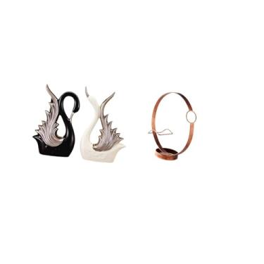 Imagem de Fenteer Elegantes Estatuetas de Cisne de Cerâmica E Escultura de Suporte para Garrafa de Vinho de Ferro para Prateleira de Mesa, Organizador de Exibição de La