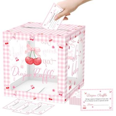 Imagem de JCTHKUKU 51 peças de bilhetes de sorteio de fraldas de cereja com caixa para jogos de chá de bebê, ela é a cereja no topo, decorações de chá de bebê, laço rosa, caixa de sorteio de fraldas