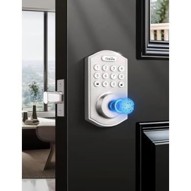 Imagem de Tinewa Fechaduras inteligentes para porta da frente – Fechadura de porta de entrada sem chave de níquel acetinado, fechadura de teclado digital eletrônico com impressão digital, controle de aplicativo