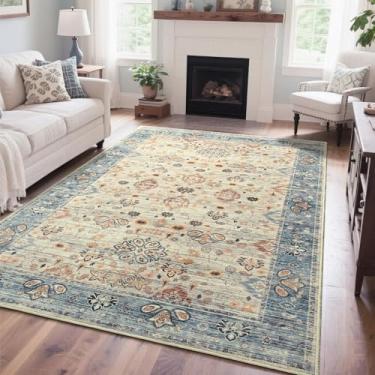 Imagem de Przemy Tapete de área para sala de estar, lavável 1,5 x 1,8 m, tapetes antiderrapantes para quarto, tapete floral antiderrapante para casa, escritório, berçário, sala de jantar, cozinha, azul e bege