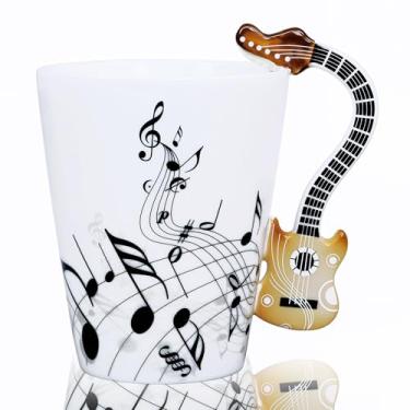Imagem de LanHong - Caneca de guitarra com design de notas musicais de 382 g para beber chá, leite, café, música, copo de cerâmica para presente para amigos (guitarra acústica)