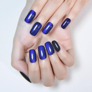Imagem de Prensa de olho de gato azul royal em unhas quadradas médias, quadradas médias, cola de geleia cromada para mulheres, presente para mulheres, azul, holográfico, glitter, brilhante, reutilizável, geléia