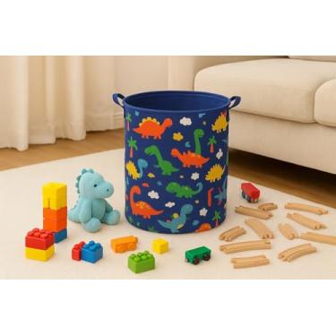 Imagem de Cesto Organizador Infantil com Estampa de Dinossauros, 60L, Impermeável, Dobrável, Redondo, 40x50cm, para Brinquedos e Roupas, em Poliéster e Algodão (Dinossauro Fundo Azul)