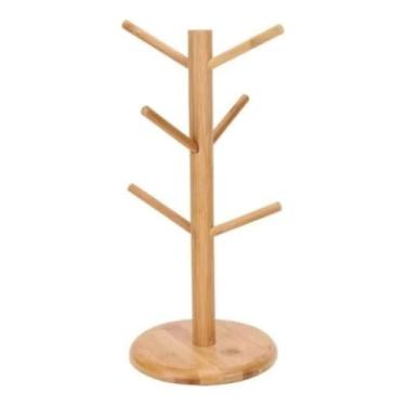 Imagem de Suporte para Xícaras em Bambu, 6 Ganchos, Base Redonda 16cm, Altura 33cm, Organizador para Cozinha e Bar