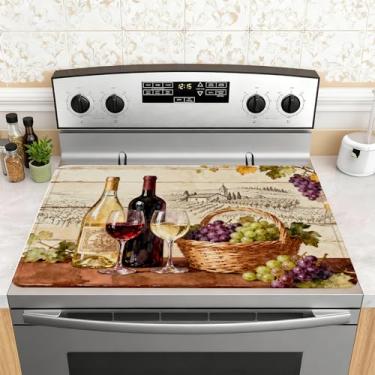 Imagem de Tampa superior de fogão de vidro para copos de vinho tinto para fogão elétrico, tampa superior de fogão de cerâmica de garrafas de vinho retrô, capa de fogão de vidro resistente ao calor, protetor de