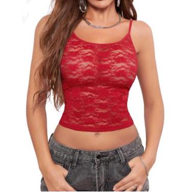 Imagem de Camiseta de renda Cami Fem&Fata Sheer Mesh Y2K vermelha escura XXL fem