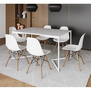 Imagem de Mesa Jantar Industrial Retangular Branca 137X90Cm Base V Ferro Branco C/6 Cadeiras Branca Ma Branco