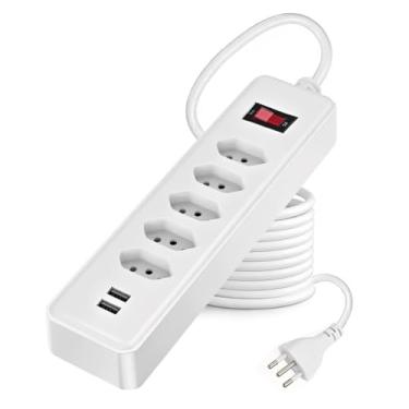 Imagem de Extensão Tomada Régua Elétrica 5 Tomadas, 2 entradas USB, Cabo de Alimentação de 3 metros, Suporte a Tensão de 110-220V Filtro de Linha Bivolt (Branco)