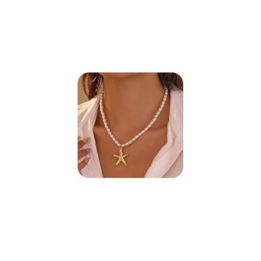 Imagem de BOOZIQ Conjunto de colar com pingente de estrela-do-mar dourado para mulheres, brincos e pulseira de pérolas barrocas, verão, oceano, praia, sereias, joias para mulheres, Choker Length, Liga de aço
