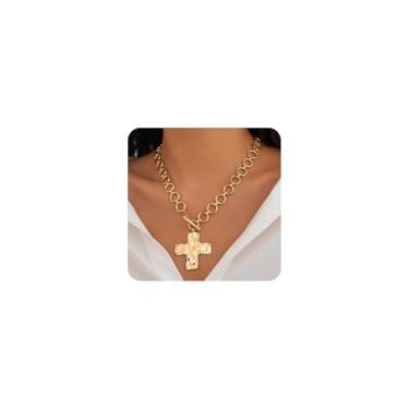 Imagem de Colar com pingente martelado com cruz grossa dourada, vintage, grande, crucifixo, gargantilhas, bijuterias, acessórios que não mancham para mulheres, Large, Zinco, Sem Pedra Preciosa