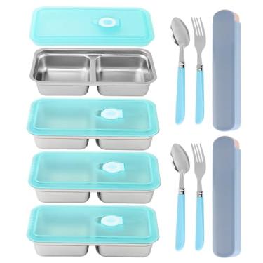Imagem de Herxsin Recipientes de lanche de aço inoxidável com compartimentos duplos com tampas, garfo e colher, recipientes de lanche Grab and Go, recipientes reutilizáveis de armazenamento de alimentos para