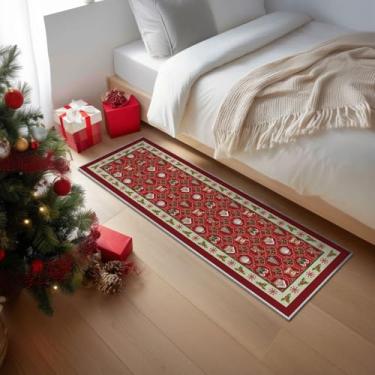 Imagem de Artoid Mode Tapete de Natal vermelho com urso de Natal, decoração de casa de inverno, antiderrapante, lavável, tapete para corredores, cozinha, lavanderia, quarto, banheiro, 6 x 1,8 m