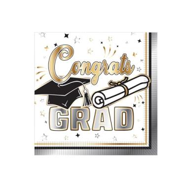 Imagem de Beistle Guardanapos para bebidas de formatura – Pacote com 32, guardanapos de coquetel de papel "Congrats Grad" brancos e dourados com tampa e design de diploma para festas de graduação, celebrações
