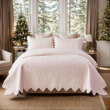 Imagem de Brandream Colchas cor-de-rosa, Queen, King, algodão, fazenda, matelasse, coberta, borda recortada, conjunto de cama de luxo, 3 peças, 98 x 106