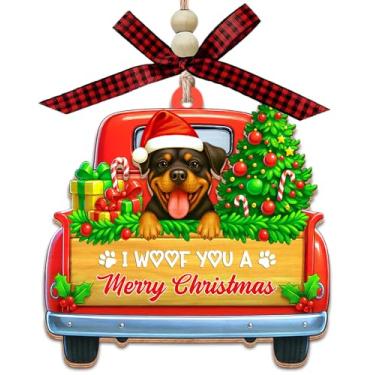 Imagem de I Woof You A Merry Christmas - Rottweiler Dog in Truck Enfeite de madeira de 2 camadas - Decoração de férias rústica fofa - presente para amantes de cães e donos de animais de estimação