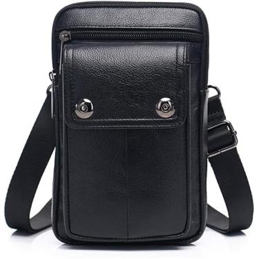 Imagem de Pochete masculina de couro legítimo, pochete transversal com passador de cinto para celular, mini bolsa de viagem, Preto, Vintage