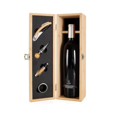 Imagem de Kit Vinho com Caixa de Bambu, Conjunto Completo com Saca-rolha, Anel Corta-gotas, Bico para Servir e Tampa, Material de Bambu e Metal, 11 x 36 x 11 cm