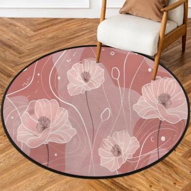 Imagem de Tapete redondo de 1,5 m de flor, papoula, linhas rosas, tapetes de área de círculo macio, antiderrapante, lavável, tapete circular, tapete redondo, interior, quarto, berçário, sala de estar, cozinha