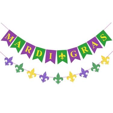 Imagem de VILIFEVER Faixa de Mardi Gras Guirlanda Flor De Lis Pendurada Bunting, Decorações de Mardi Gras Suprimentos de Festa de Máscaras Carnaval, Pano de Fundo de Fotos de Terça-feira Gorda Decoração de Casa