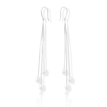 Imagem de Altitude Boutique Brincos de gota de pérolas de água doce | Pérolas cultivadas AAA de 6 x 7 mm em ganchos banhados a ouro 14K ou ródio | Brincos femininos de gota de pérola tripla em camadas, 2.5-3in