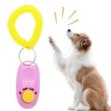 Imagem de Clicker de treinamento de cães com alça de pulso Treinador de obediência para animais de estimação para viagem em casa ao ar livre ferramenta de auxílio portátil fácil de pressionar (rosa)