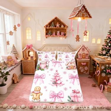 Imagem de Lençol de elástico infantil Merry Christmas, lençol com elástico com laço, árvore de Natal, para meninos e meninas, decoração de quarto de inverno com floco de neve, rosa e branco, 2 fronhas (não