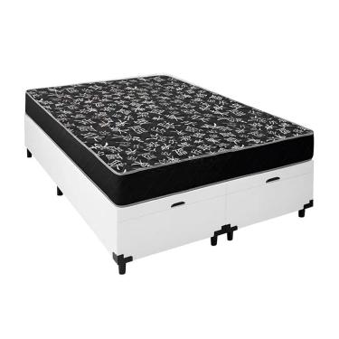 Imagem de Cama Box Baú Queen 158 Tecido Sintético Branco Com Colchão Espuma D20 - Tampo Preto Bello Box 12cm