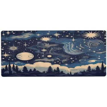 Imagem de Wassud Mouse pad de estrelas e lua com nuvens para jogos com base de borracha antiderrapante, mouse pad longo com borda costurada, à prova d'água, grande almofada de mesa para escritório, casa, 80 x