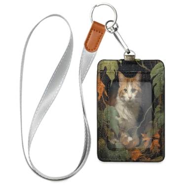 Imagem de Wassud Cordões de couro PU de gato fofo para crachás de identificação, porta-nomes, porta-chaves, porta-crachás, cartões de crédito para escritórios, funcionários, estudantes, funcionários