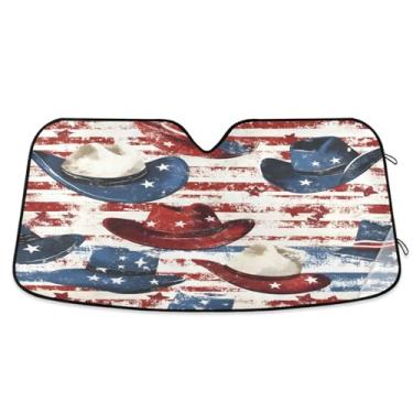 Imagem de Qilmy Chapéu de cowboy estilo bandeira americana para-sol para-brisa de carro, protetor de viseira dobrável, mantém fresco, bloqueia raios UV e acessórios para proteger carros, SUVs, caminhões-(M