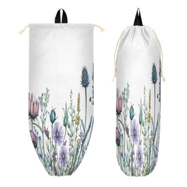 Imagem de xigua Suporte de parede para saco de plástico de flores silvestres com cordão, 1 pacote, organizador de sacolas de supermercado reutilizável para bolsas, meias, roupas íntimas e gravatas