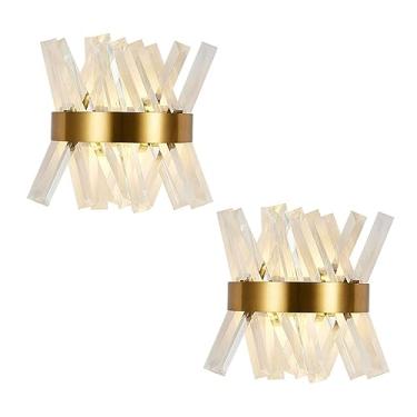 Imagem de Arandela de parede LED, cristal K5, acabamento dourado, em aço inoxidável, para uso interno, ideal para sala de estar, sala de jantar e quarto.