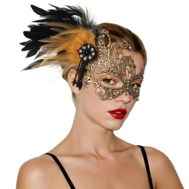 Imagem de GUXIMIAR Máscara de baile de máscaras de renda para mulheres, máscara de strass de carnaval com penas, acessórios de festa veneziana dos anos 20, Dourado, tamanho �nico