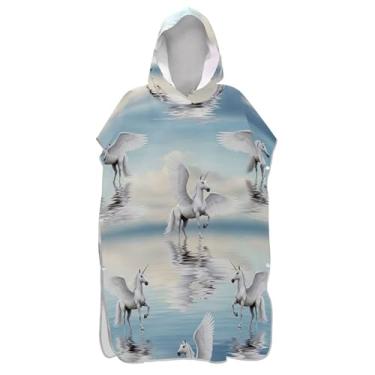 Imagem de TSENQUE Poncho de surfe para adultos trocador com capuz toalha de praia estampado plus size ponchos de praia para homens elegantes unicórnios Pegasus branco