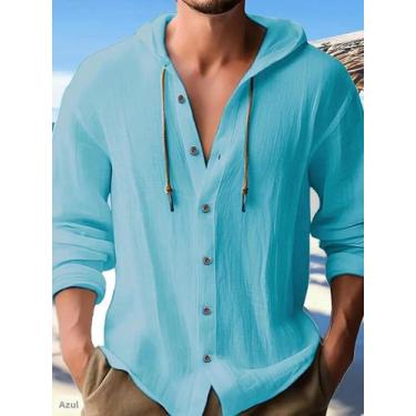 Imagem de Camisa Masculina De Verão Em Algodão E Linho Com Capuz, Manga Longa, C
