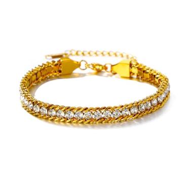 Imagem de KLSURPRISE2 Pulseiras de tênis femininas – Pulseira elegante de elos cubanos com banhado a ouro 18 k 3 mm, pulseiras de ouro de zircônia cúbica empilháveis, joias modernas, presentes de casamento e